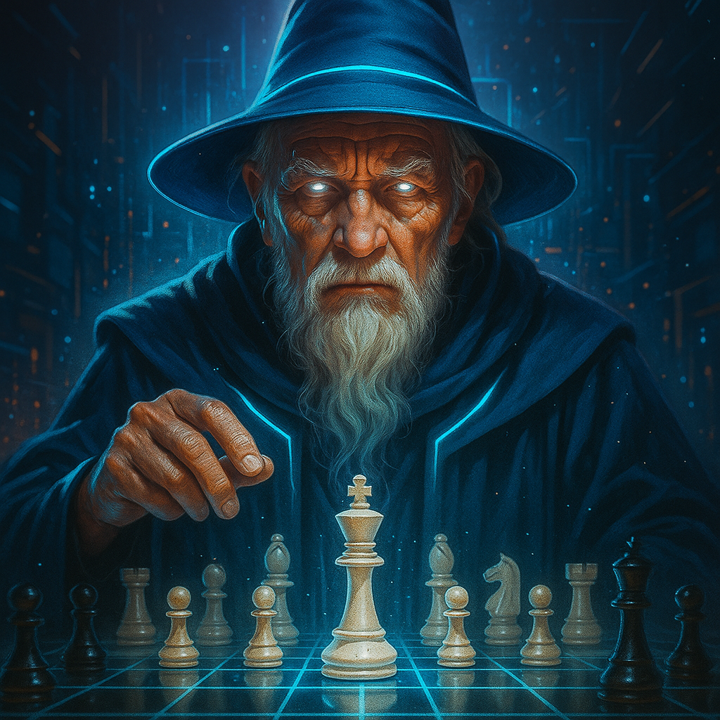 Esperando inicio de partida: mago listo para jugar ajedrez